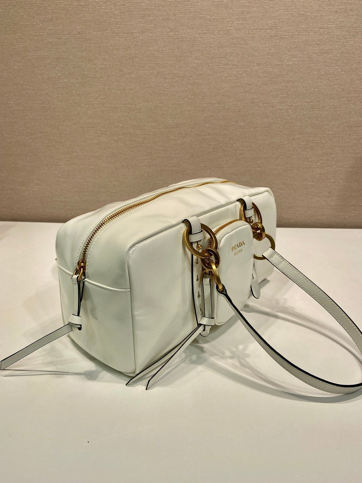 PRADA LARGE RECTANGULAR BAG 30 IN WHITE OIL WAX LAMBSKIN GOLD HARDWARE