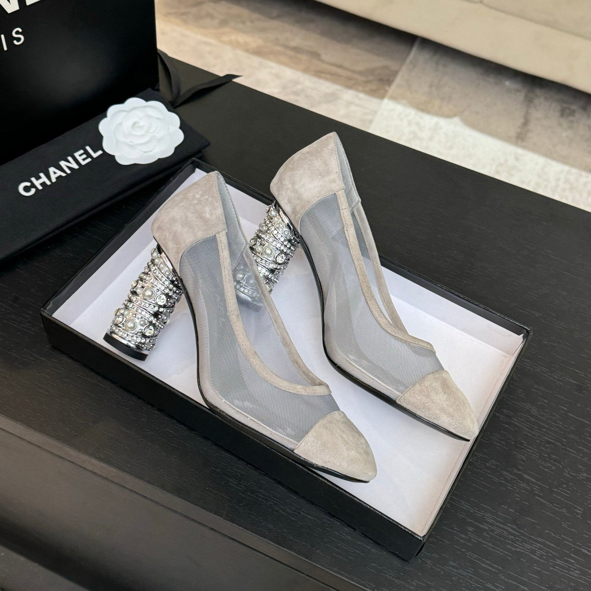 CHANEL HIGH HEEL 85 MM SANDALS IN PALE GRAY SUEDE AND MESH