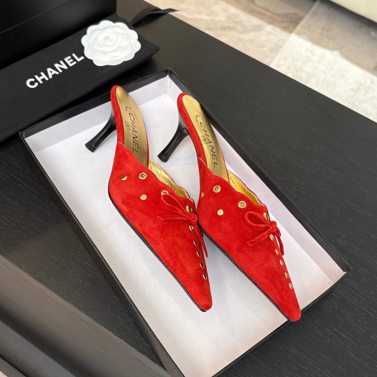 CHANEL HIGH HEEL MULE 65 MM IN CANDY RED SUEDE