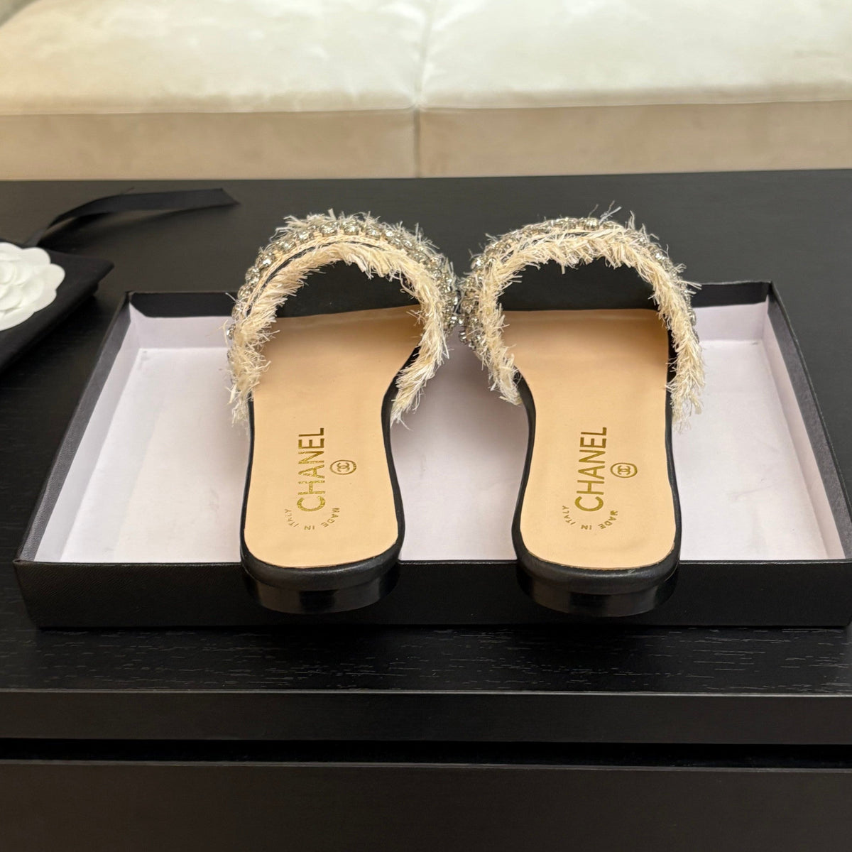 CHANEL FLAT SANDALS BEIGE AND BLACK WITH CRYSTALS