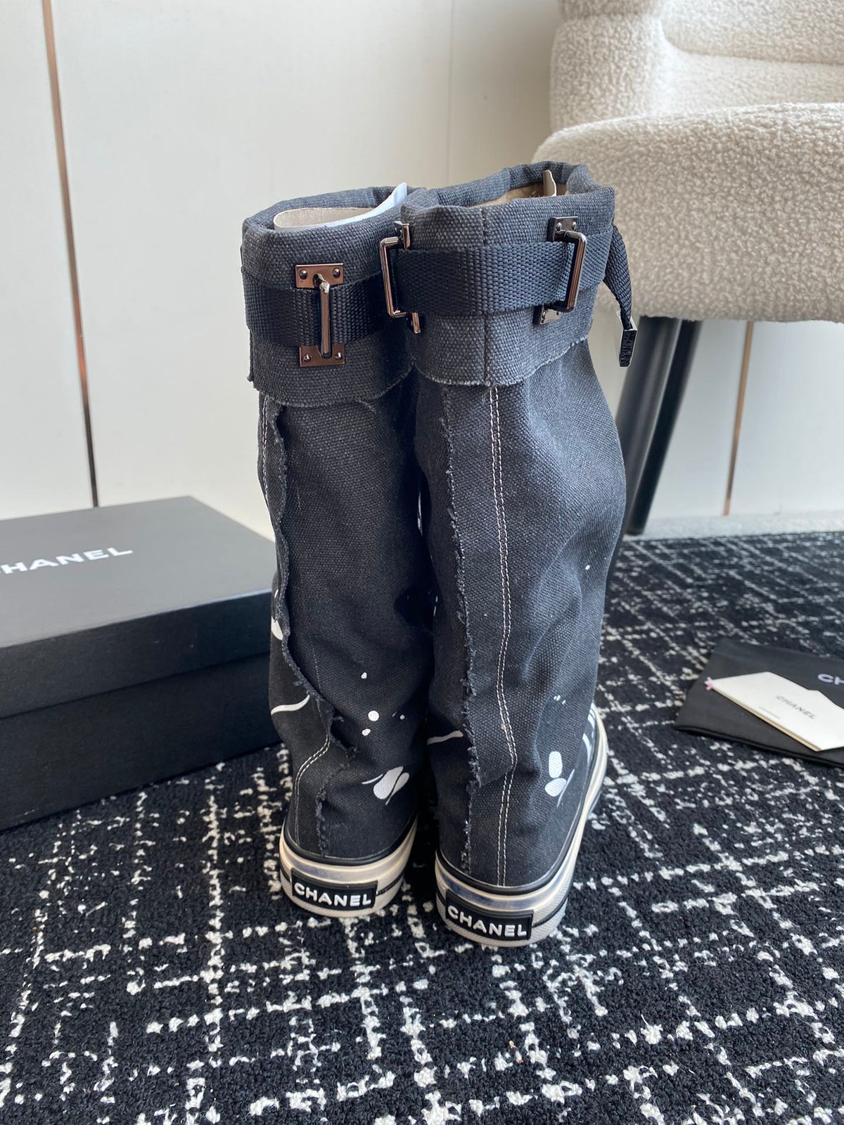 CHANEL HIGH BOOTS IN BLACK CANVAS