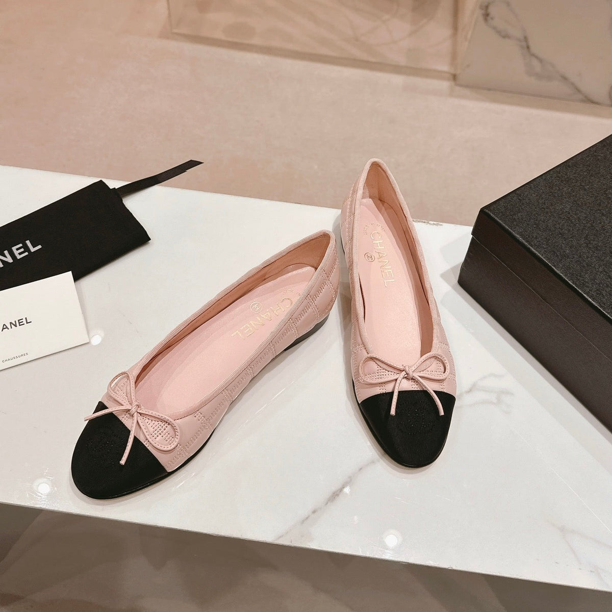 CHANEL Double C New Ballet Flats Light Pink Black Lambskin