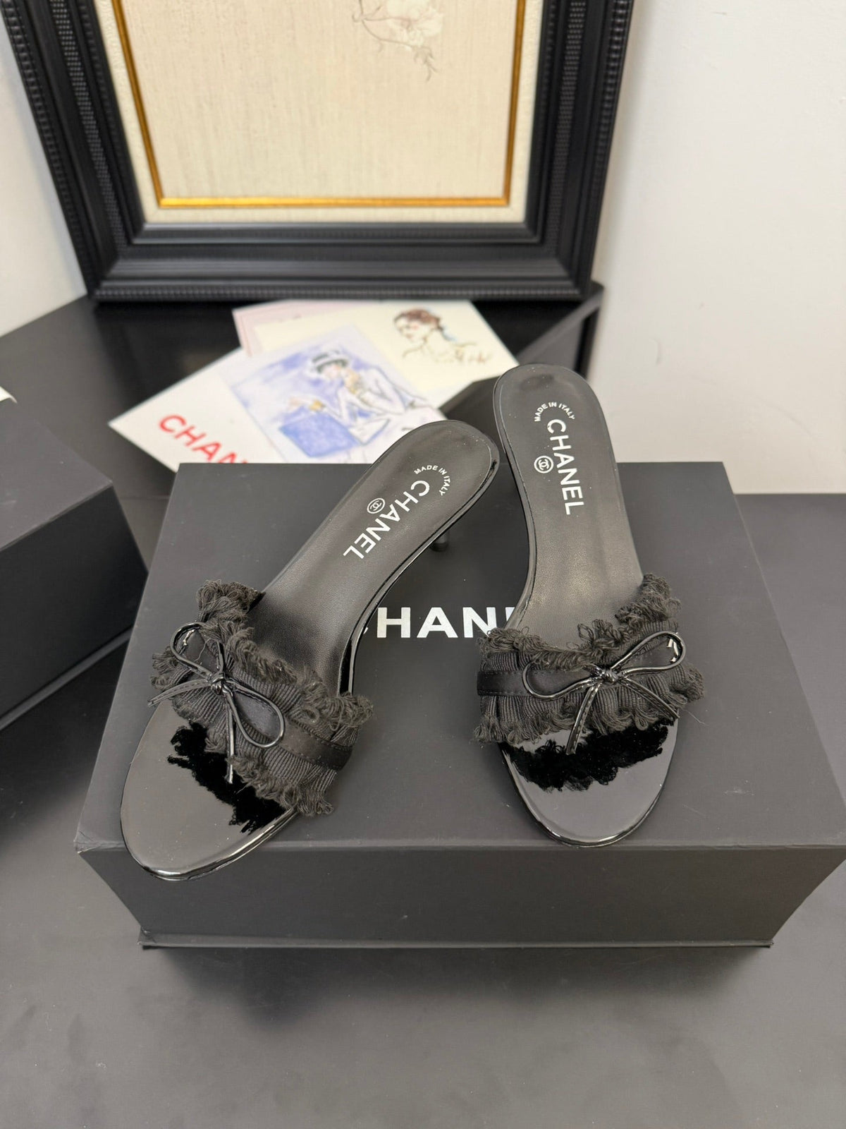 CHANEL BLACK GROSGRAIN CANVAS BOW MULE SANDALS 65 MM