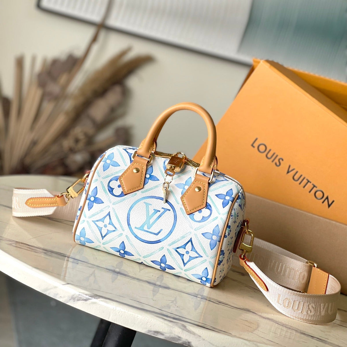 LOUIS VUITTON SPEEDY BANDOULIÈRE 20 IN LAGOON BLUE MONOGRAM TILES CANVAS GOLD BUCKLE