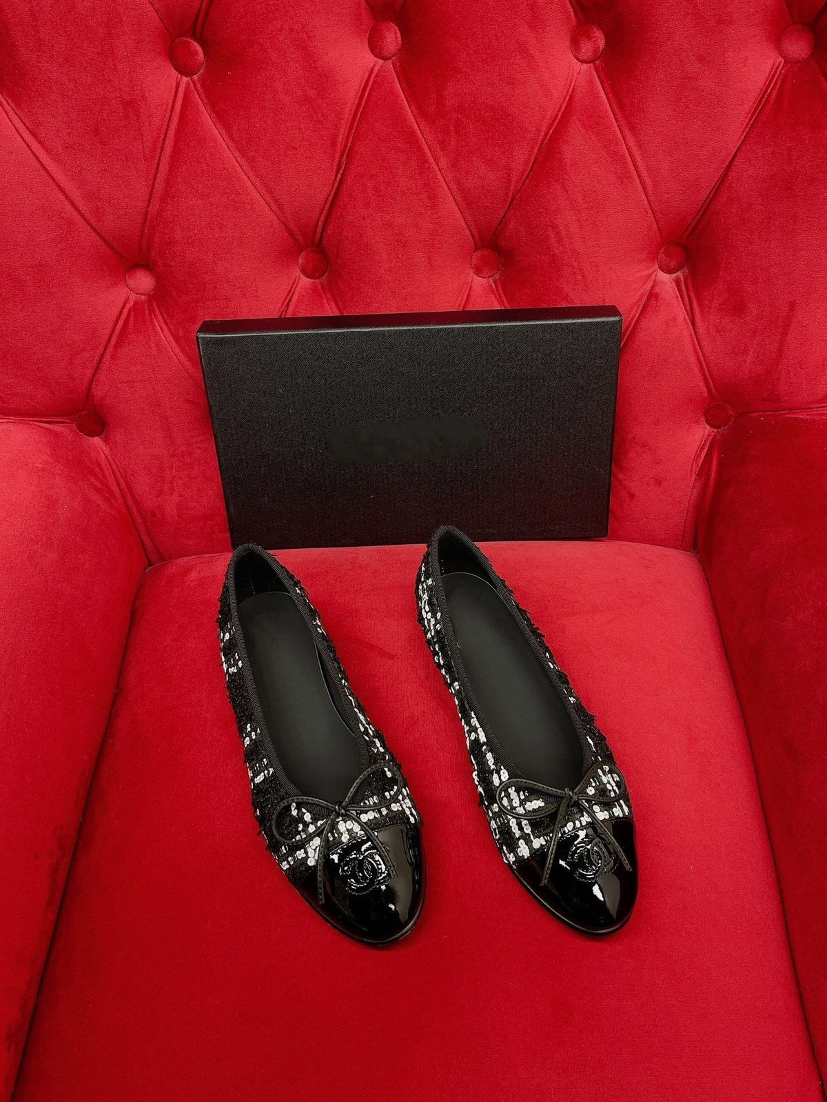 CHANEL ballet flat black white tweed lambskin