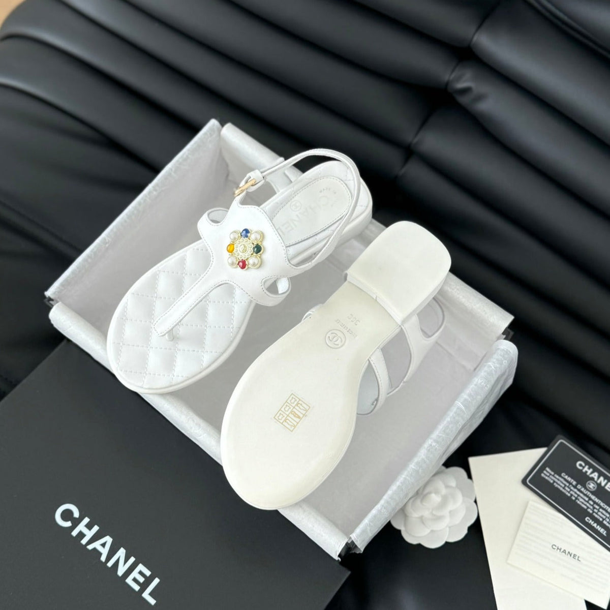 CHANEL Double C Classic One-Strap Sandals White Lambskin