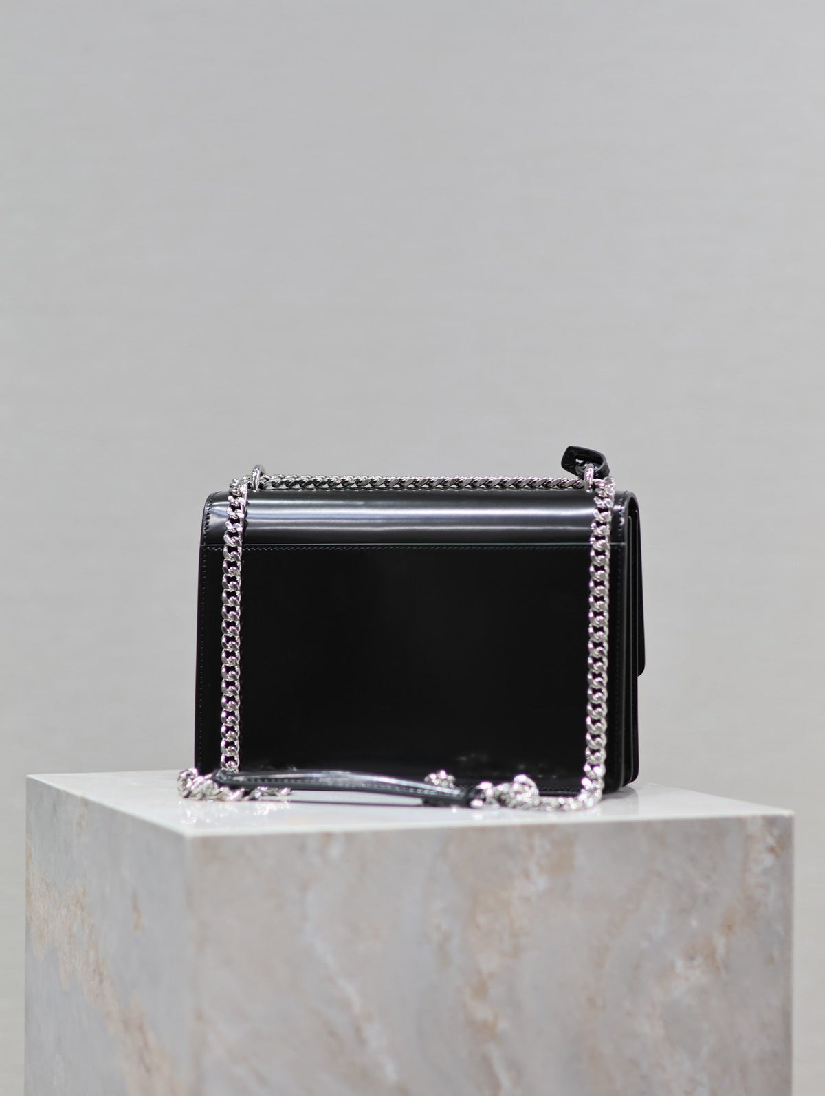 YSL 25S SUNSET MEDIUM 22 IN BLACK SHINY CALFSKIN SILVER HARDWRE