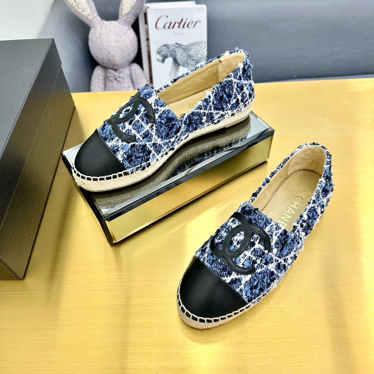 CHANEL ESPADRILLES PLATFORM 25S IN BLUE TWEED MIX BLACK CALFSKIN
