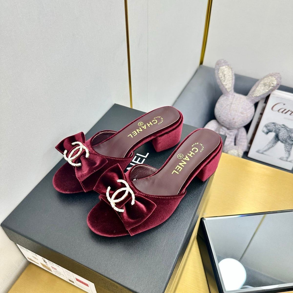 CHANEL BOWKNOT RHINESTONES MID HEEL MULE IN GARNET RED VELVET
