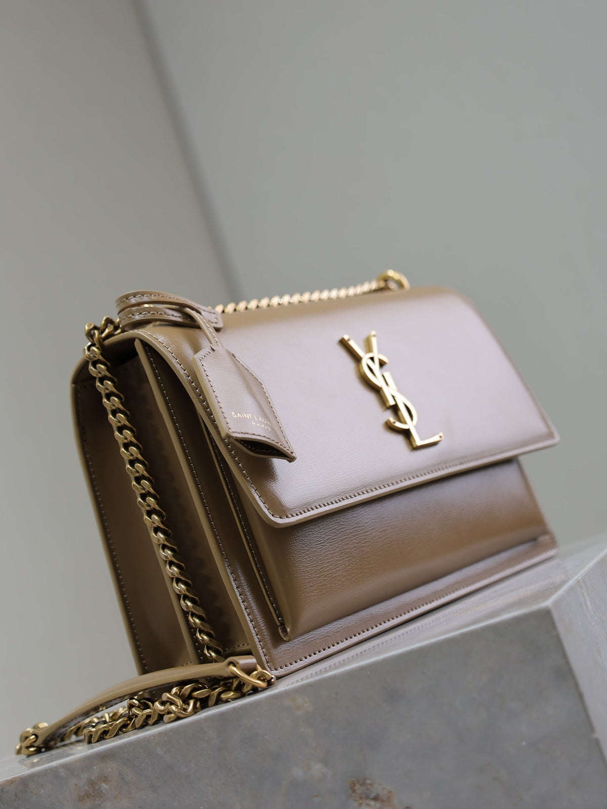 YSL 25S SUNSET BAG 22 IN BROWN CALFSKIN GOLD HARDWARE